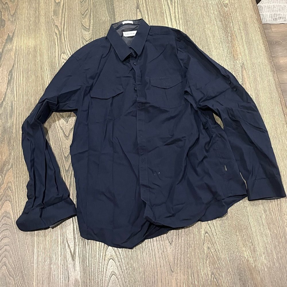 Calvin Klein Button-Up Shirt Long Sleeve Classic Fit Flap Pockets Navy Size L
